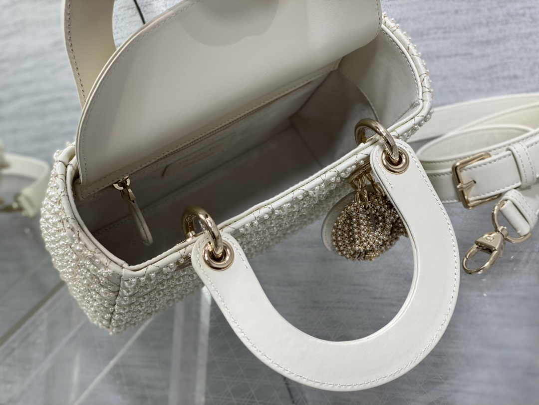Small Lady Dior Bag M0531 White Cannage Calfskin with Resin Pearls - Default Title - View 5