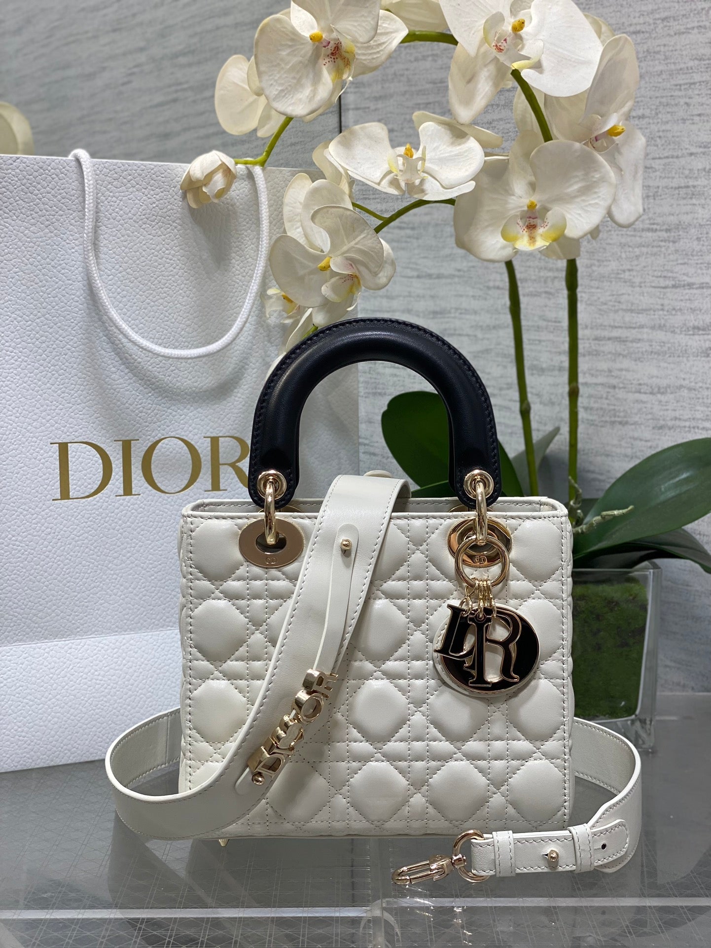 Small Lady Dior My ABCDior Bag M0538 White Black Cannage Lambskin - Default Title - View 1