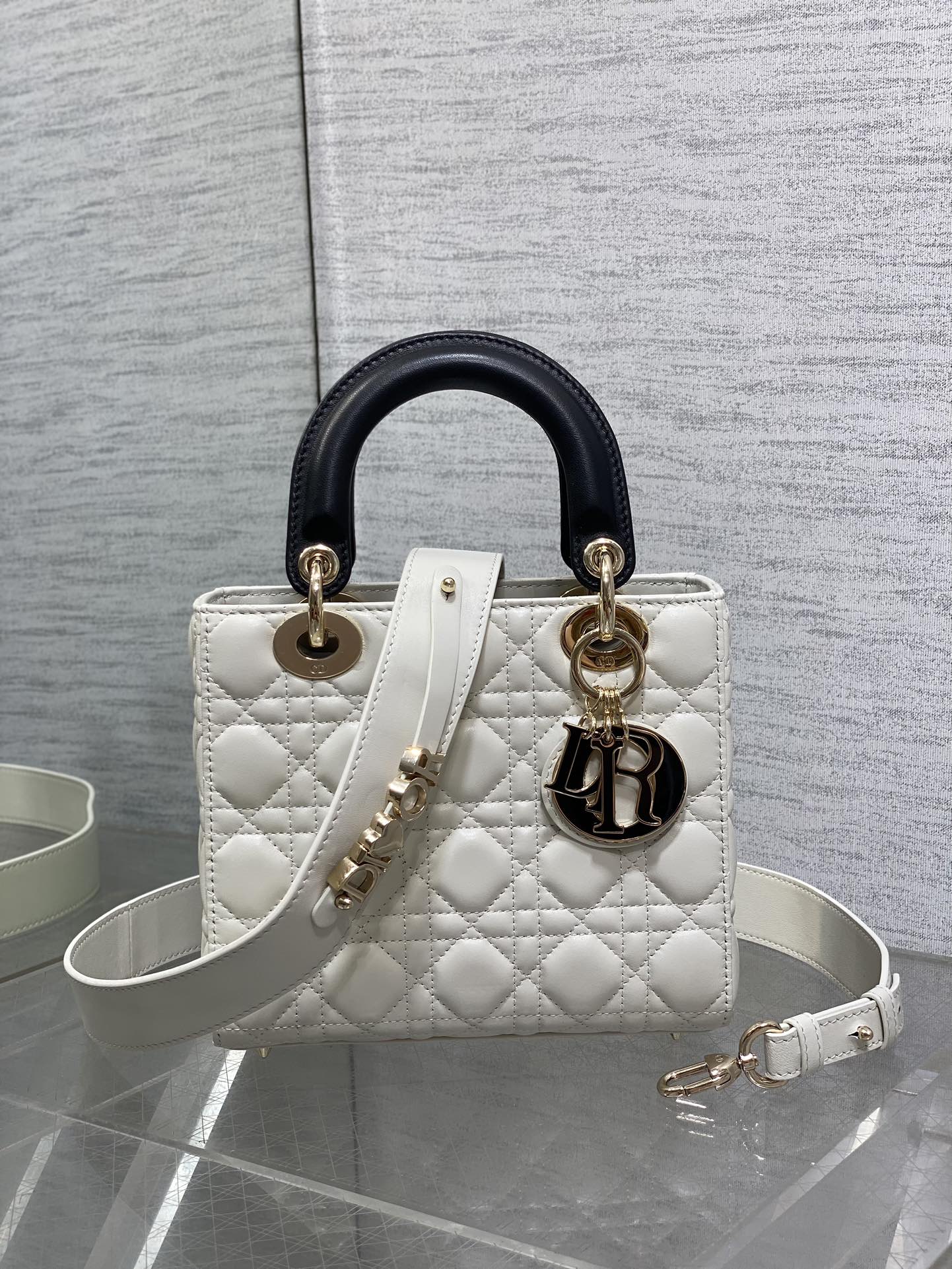 Small Lady Dior My ABCDior Bag M0538 White Black Cannage Lambskin - Default Title - View 2