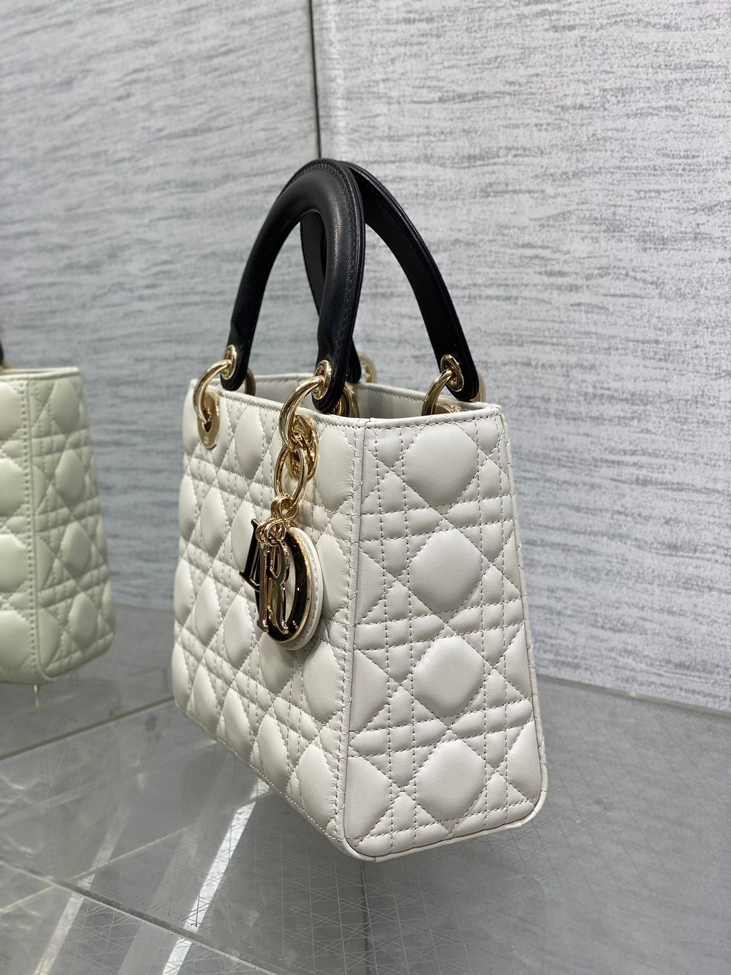 Small Lady Dior My ABCDior Bag M0538 White Black Cannage Lambskin - Default Title - View 7
