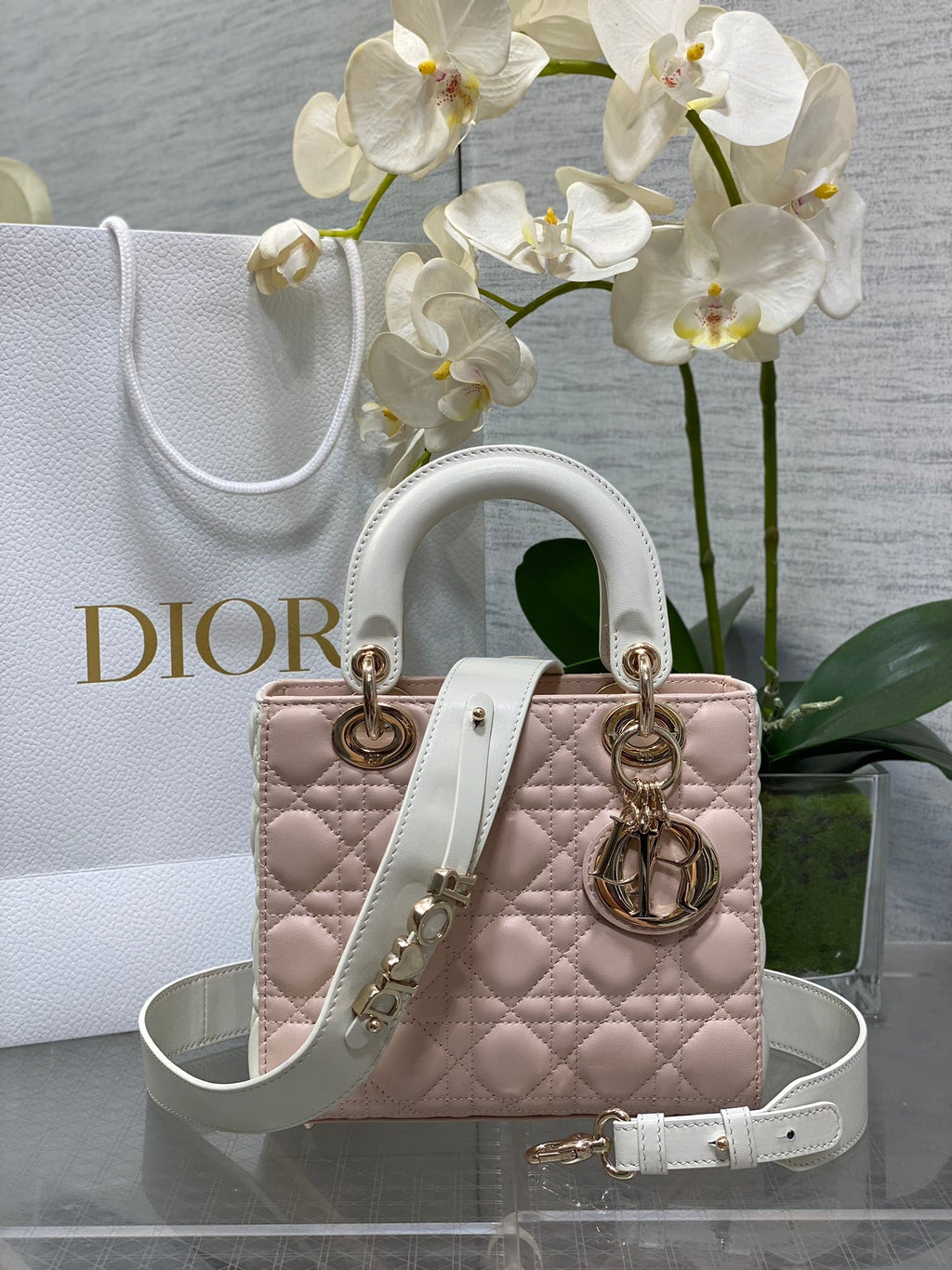 Small Lady Dior My ABCDior Bag M0538 Pink White Cannage Lambskin - Default Title - View 1