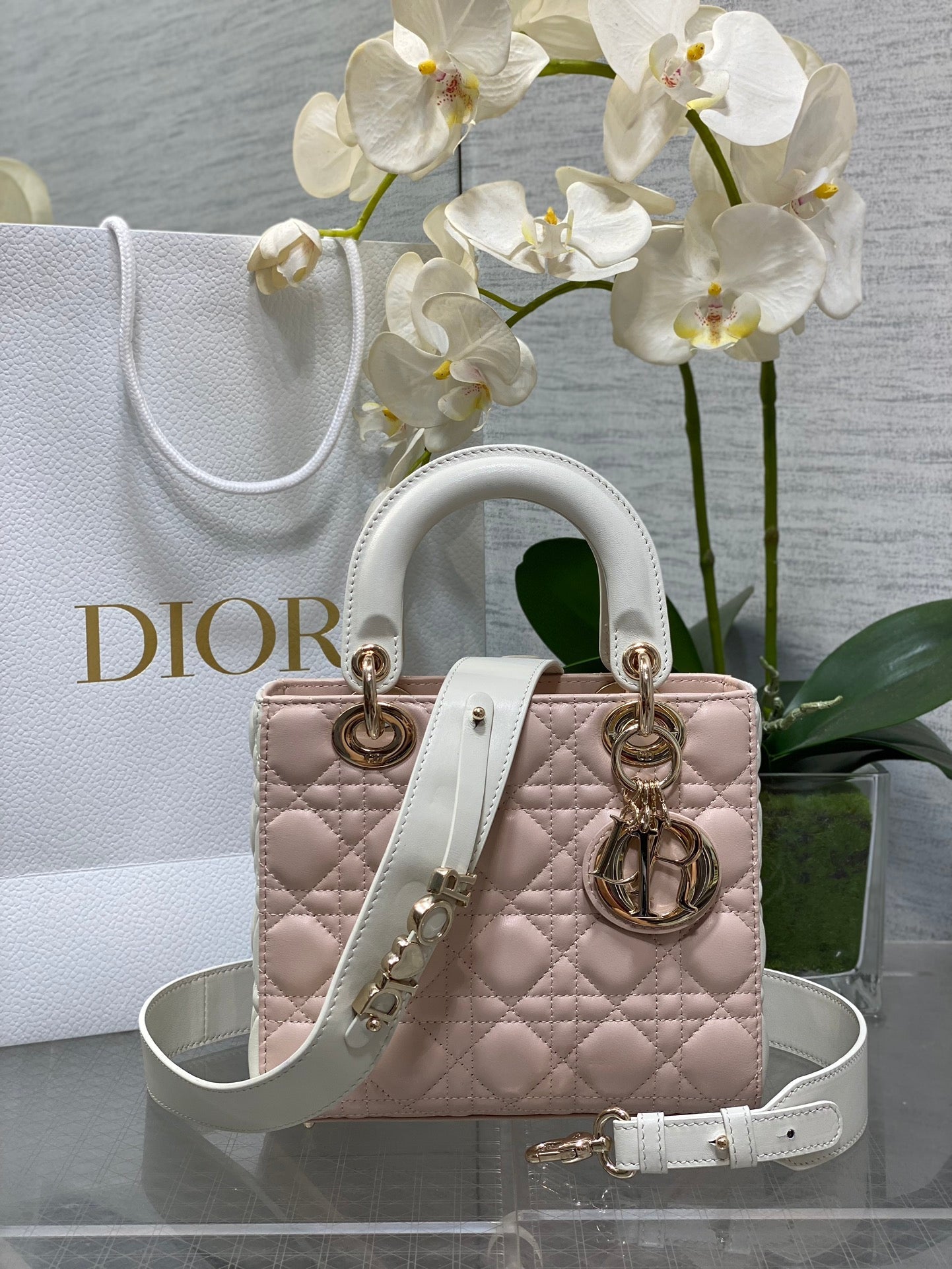 Small Lady Dior My ABCDior Bag M0538 Pink White Cannage Lambskin - Default Title - View 1