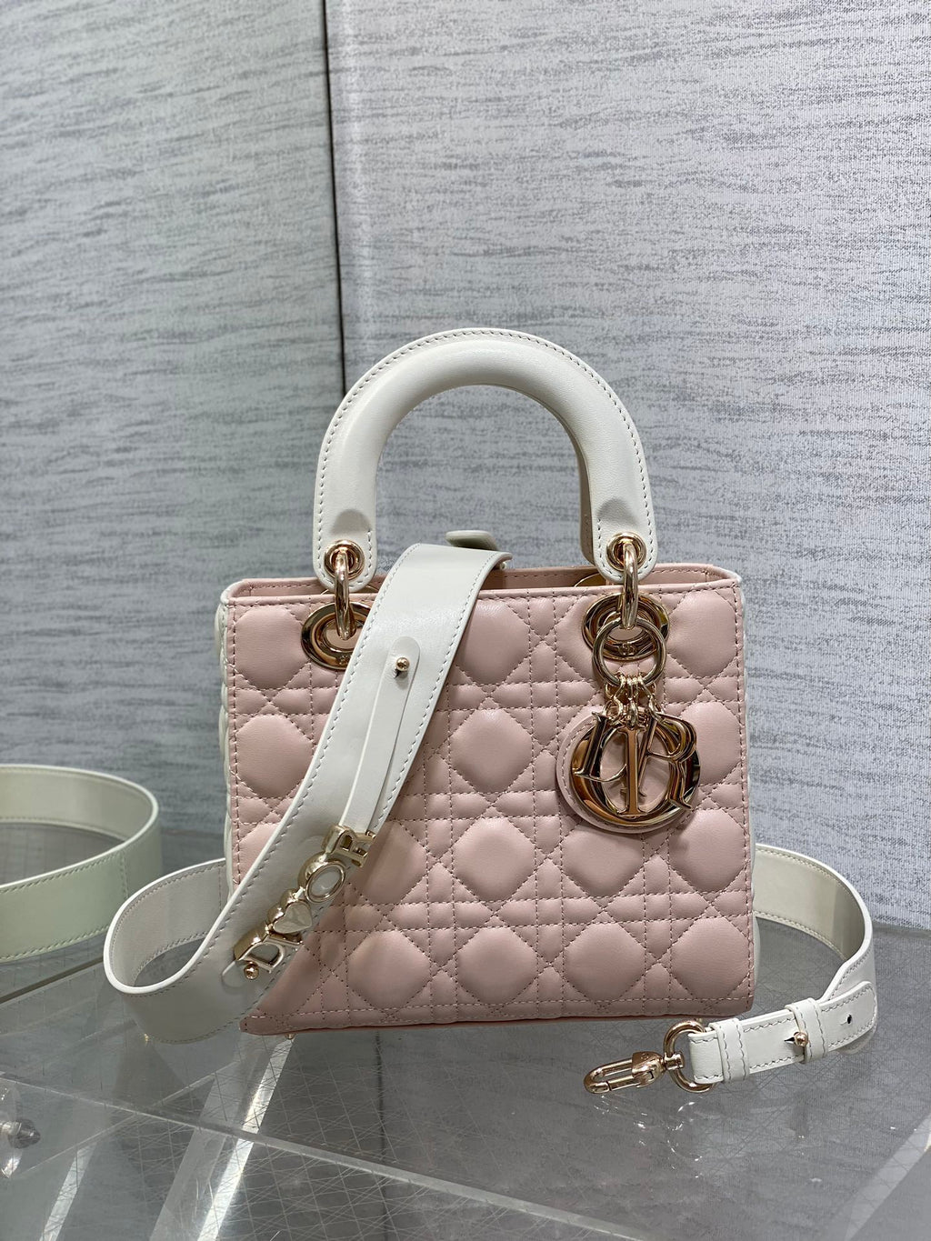Small Lady Dior My ABCDior Bag M0538 Pink White Cannage Lambskin - Default Title - View 2