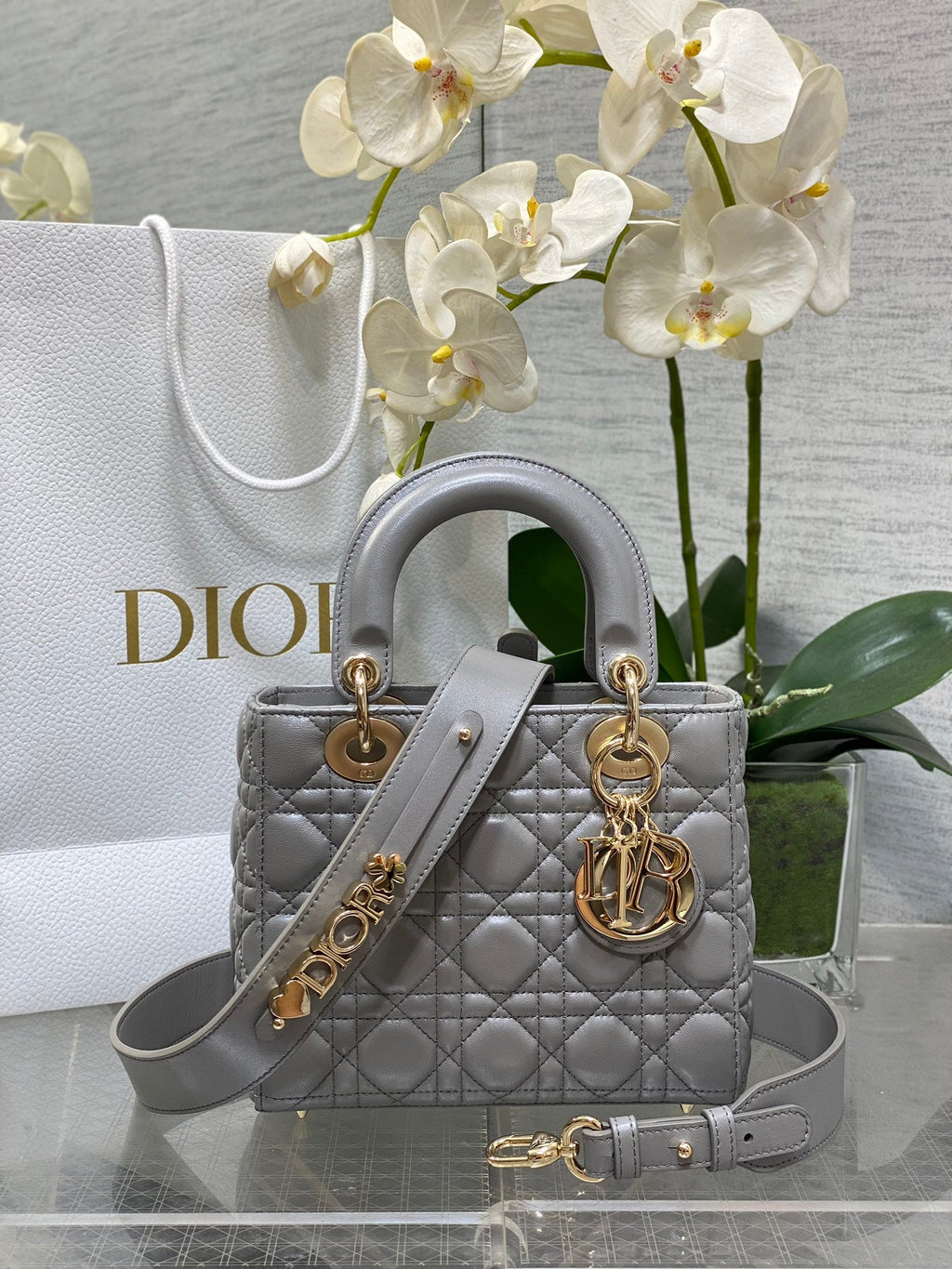 Small Lady Dior My ABCDior Bag M0538 Gray Cannage Lambskin - Default Title - View 1
