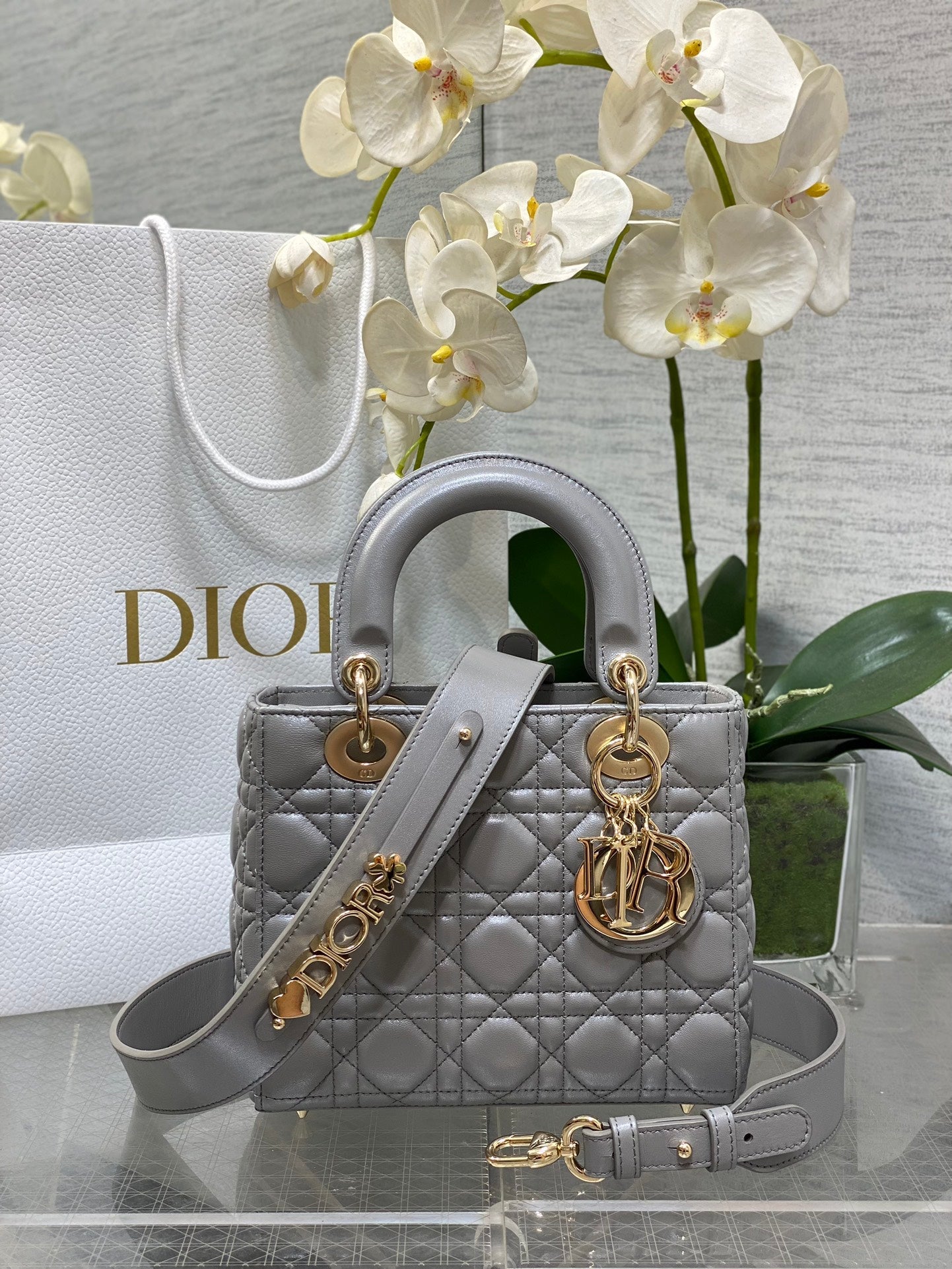 Small Lady Dior My ABCDior Bag M0538 Gray Cannage Lambskin - Default Title - View 1