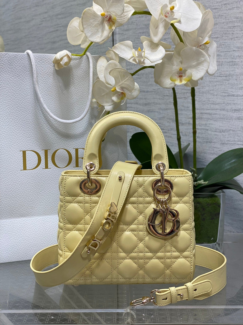 Small Lady Dior My ABCDior Bag M0538 Light Yellow Cannage Lambskin - Default Title - View 1