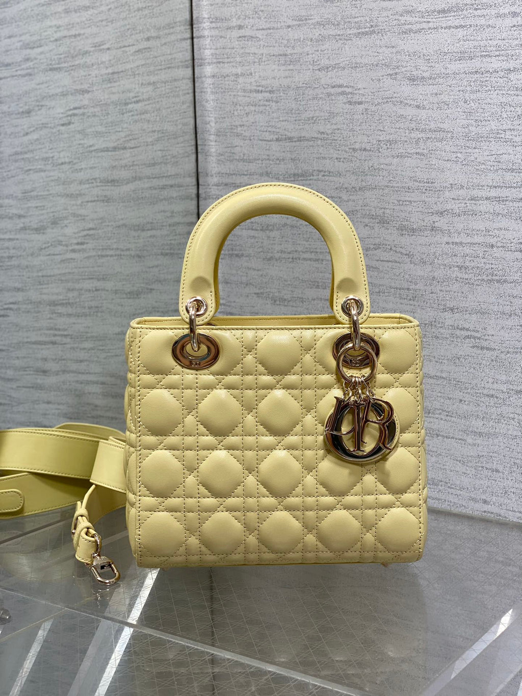 Small Lady Dior My ABCDior Bag M0538 Light Yellow Cannage Lambskin - Default Title - View 3