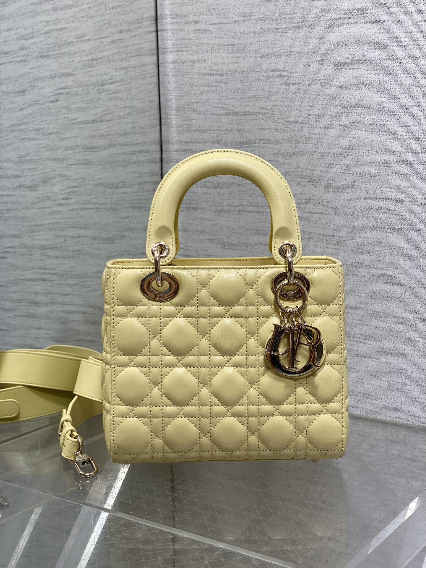 Small Lady Dior My ABCDior Bag M0538 Light Yellow Cannage Lambskin - Default Title - View 3
