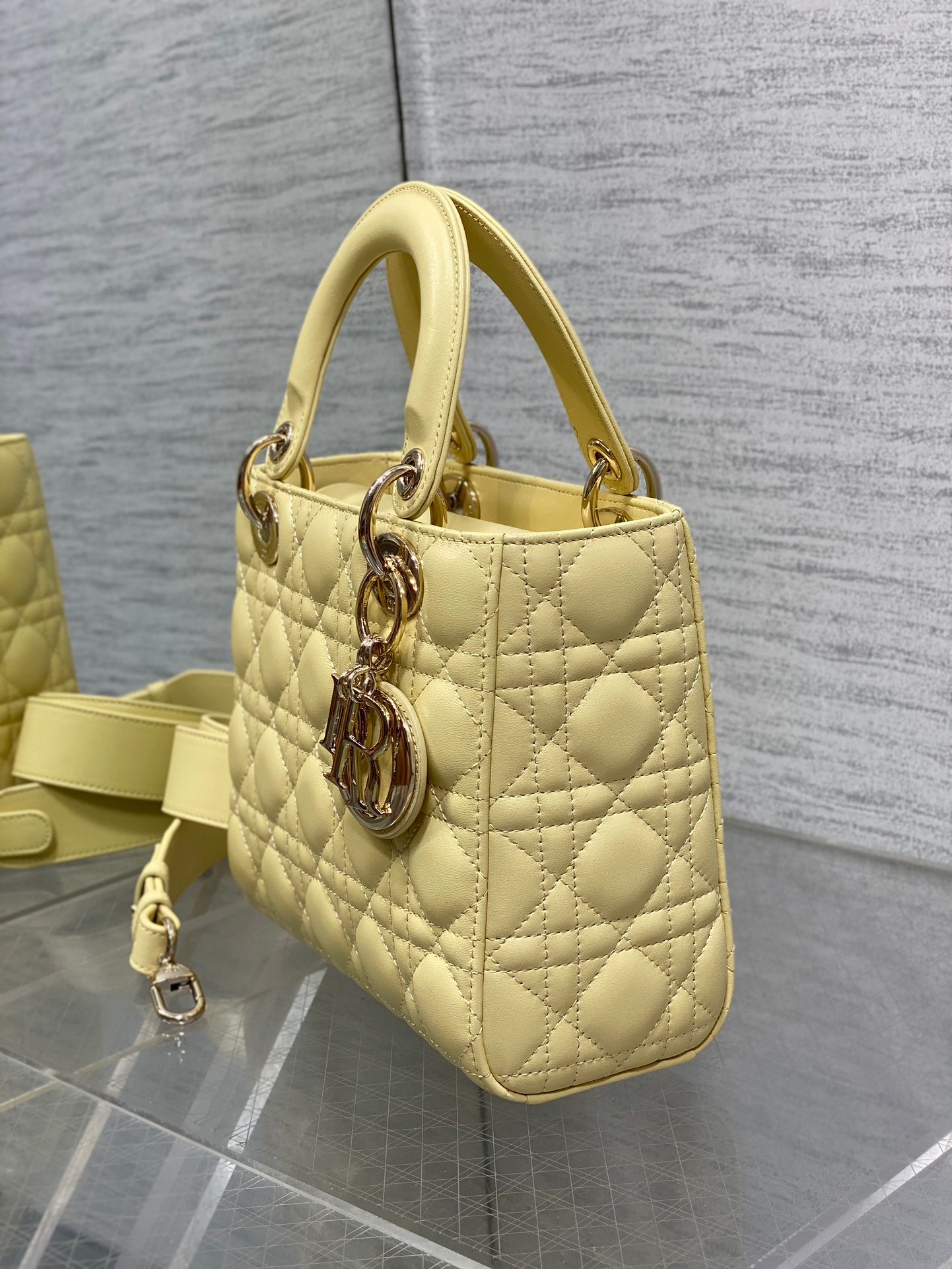 Small Lady Dior My ABCDior Bag M0538 Light Yellow Cannage Lambskin - Default Title - View 7