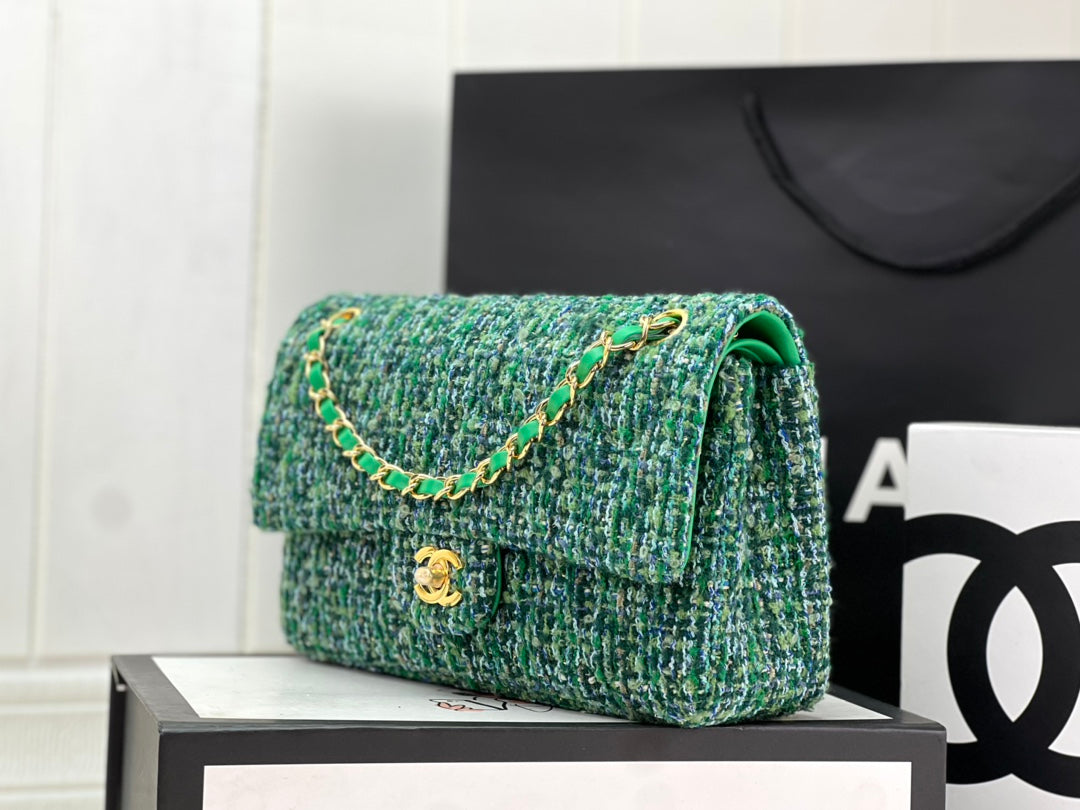 Chanel A01112 Classic Handbag Green Wool Tweed Gold-Tone Metal