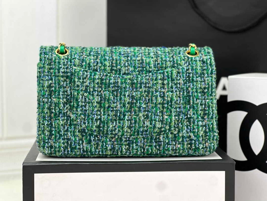 Chanel A01112 Classic Handbag Green Wool Tweed Gold-Tone Metal