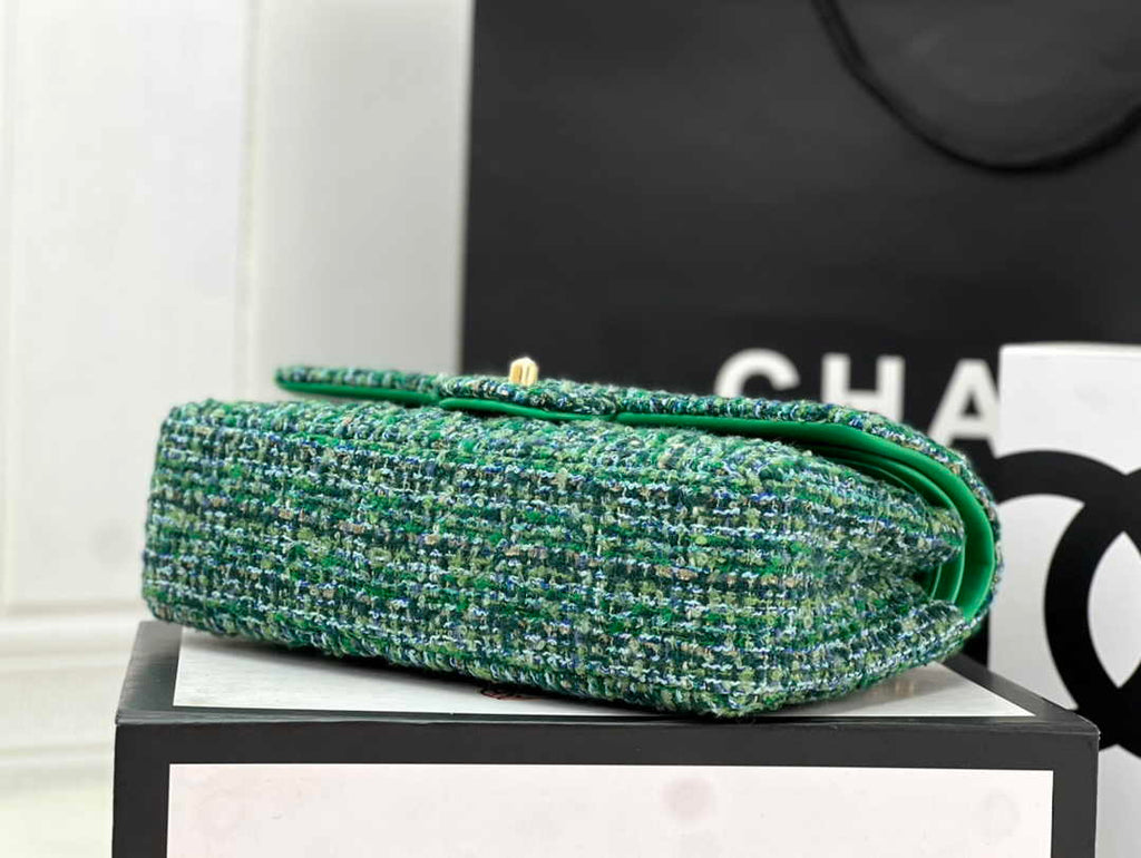 Chanel A01112 Classic Handbag Green Wool Tweed Gold-Tone Metal