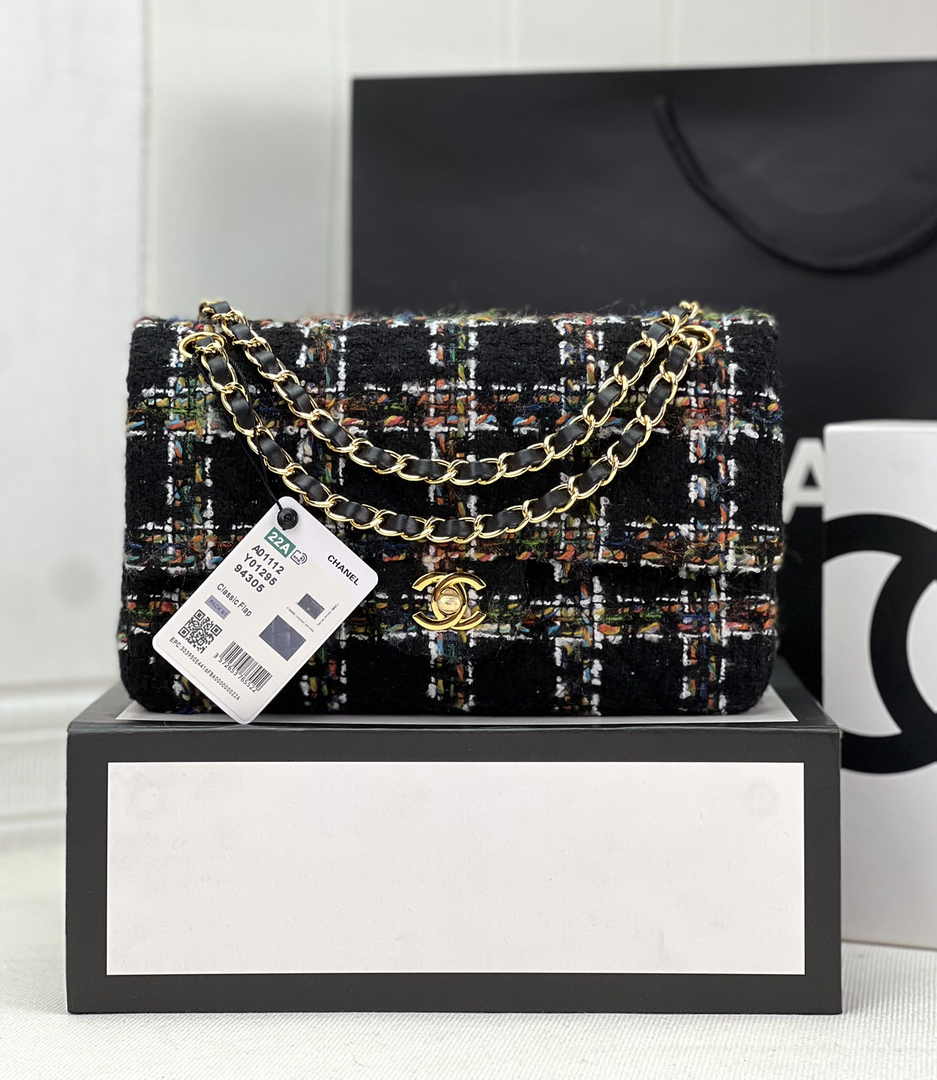 Chanel A01112 Classic Handbag Wool Tweed Gold-Tone Metal Black
