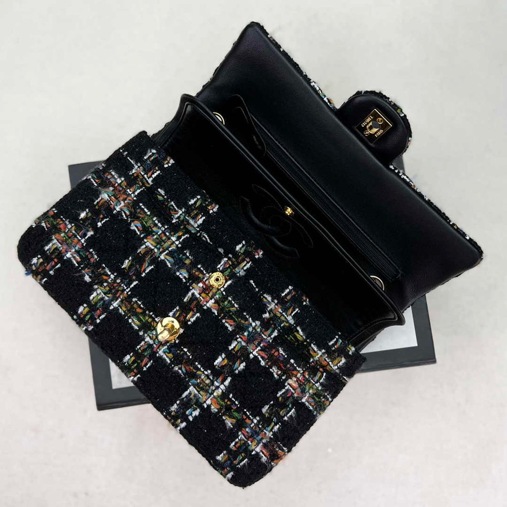 Chanel A01112 Classic Handbag Wool Tweed Gold-Tone Metal Black