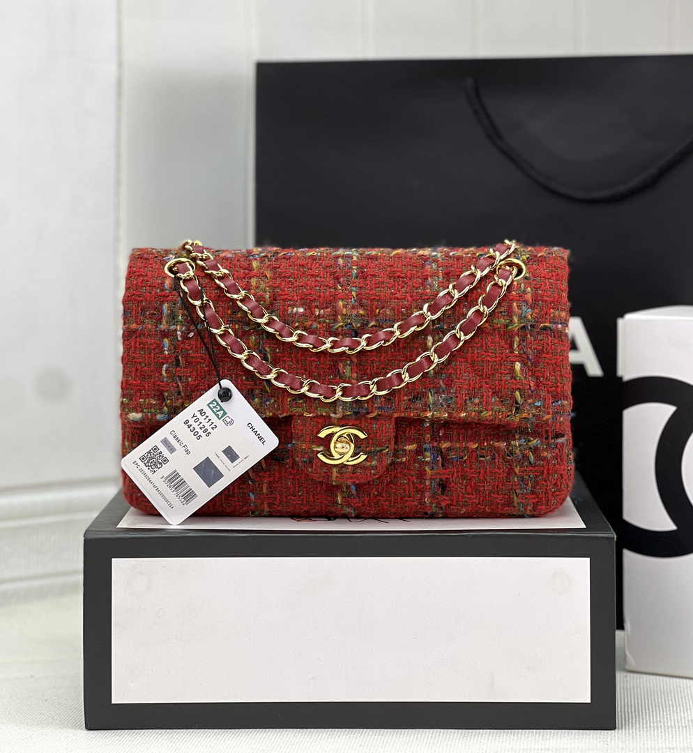 Chanel A01112 Classic Handbag Wool Tweed Gold-Tone Metal Red