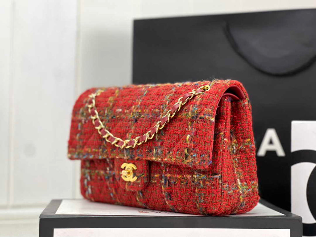Chanel A01112 Classic Handbag Wool Tweed Gold-Tone Metal Red