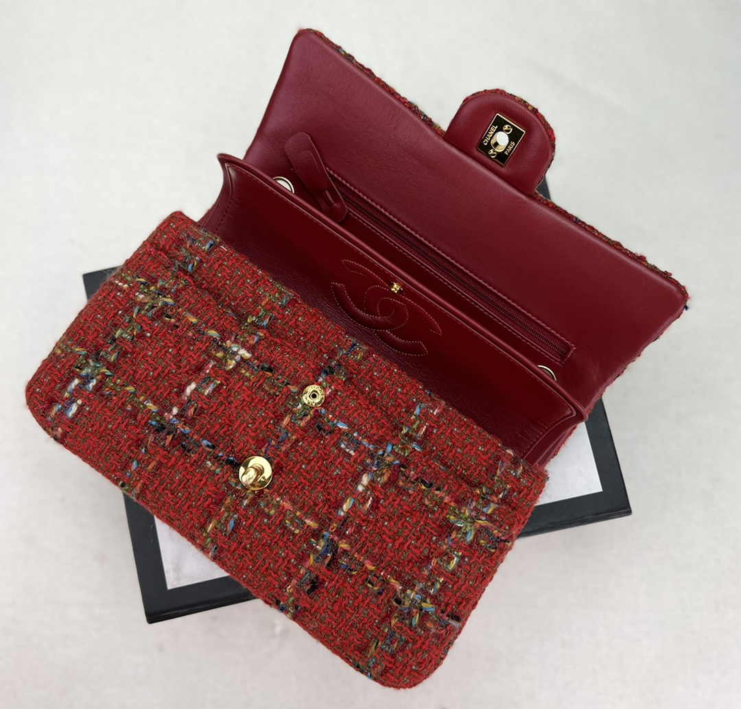 Chanel A01112 Classic Handbag Wool Tweed Gold-Tone Metal Red