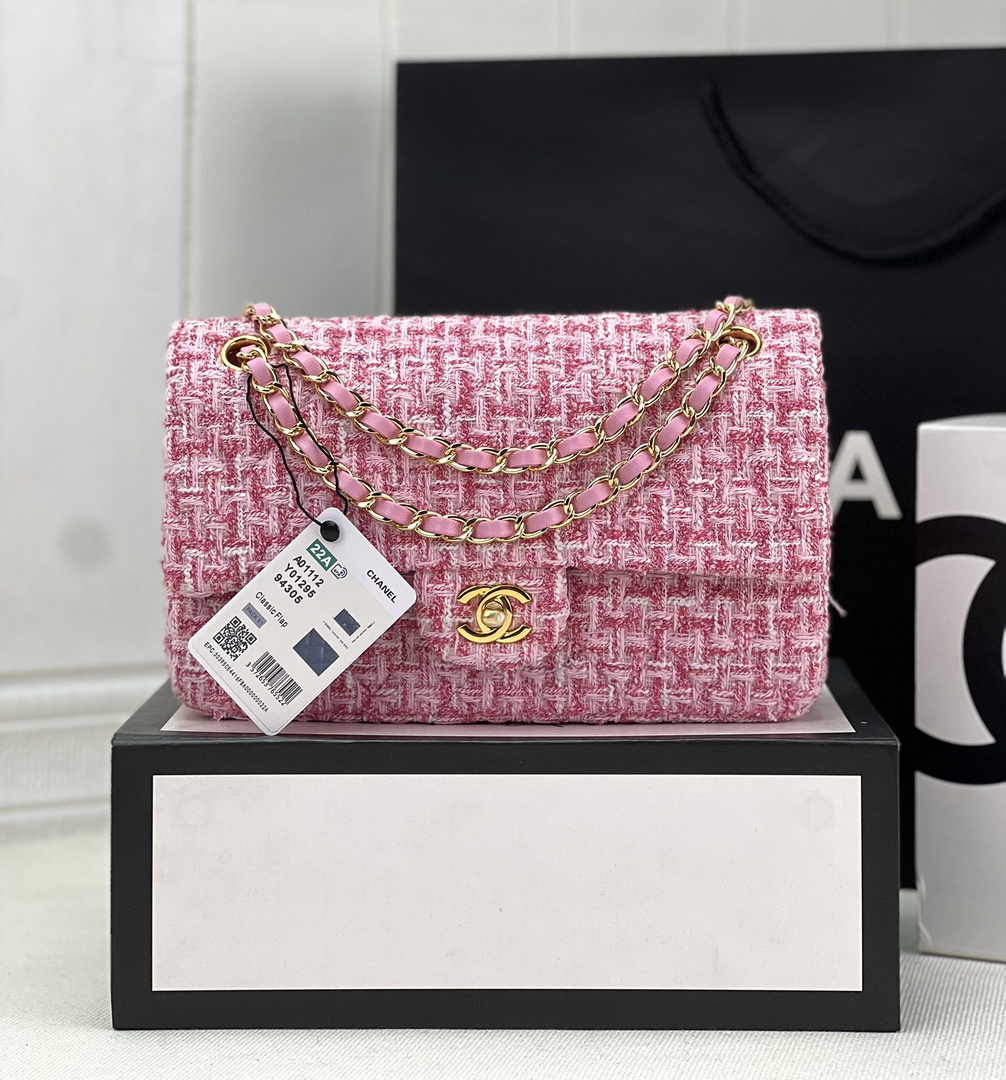 Chanel A01112 Classic Handbag Wool Tweed Gold-Tone Metal Pink