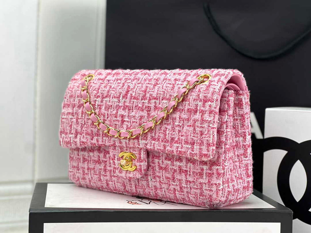 Chanel A01112 Classic Handbag Wool Tweed Gold-Tone Metal Pink