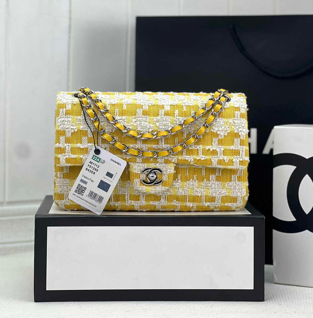 Chanel A01112 Classic Handbag Wool Tweed Gold-Tone Metal Yellow