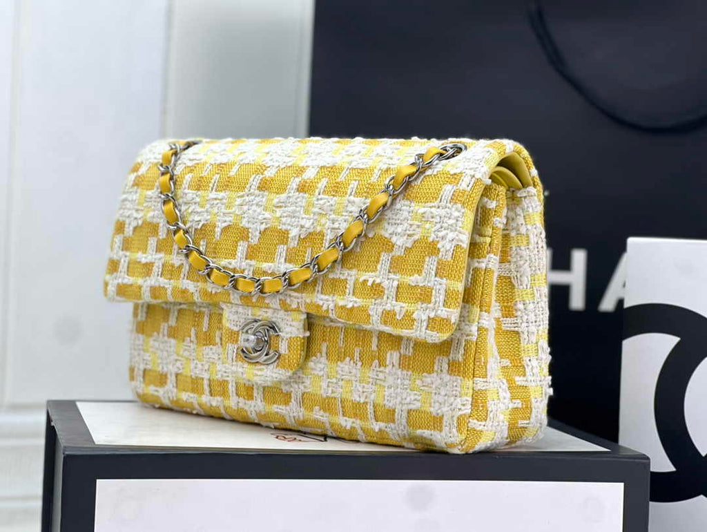Chanel A01112 Classic Handbag Wool Tweed Gold-Tone Metal Yellow