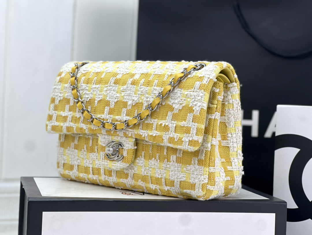 Chanel A01112 Classic Handbag Wool Tweed Gold-Tone Metal Yellow