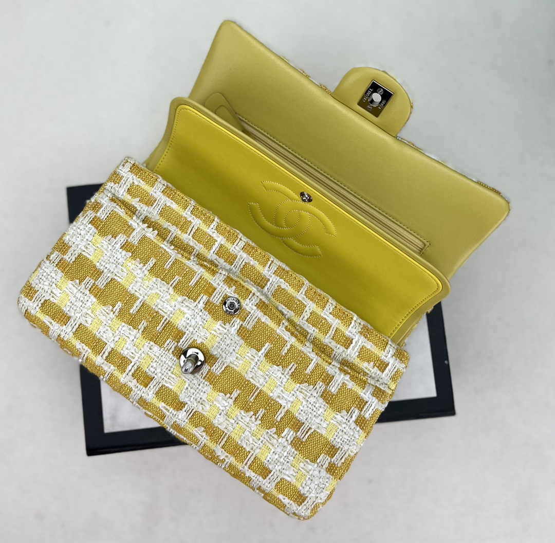 Chanel A01112 Classic Handbag Wool Tweed Gold-Tone Metal Yellow