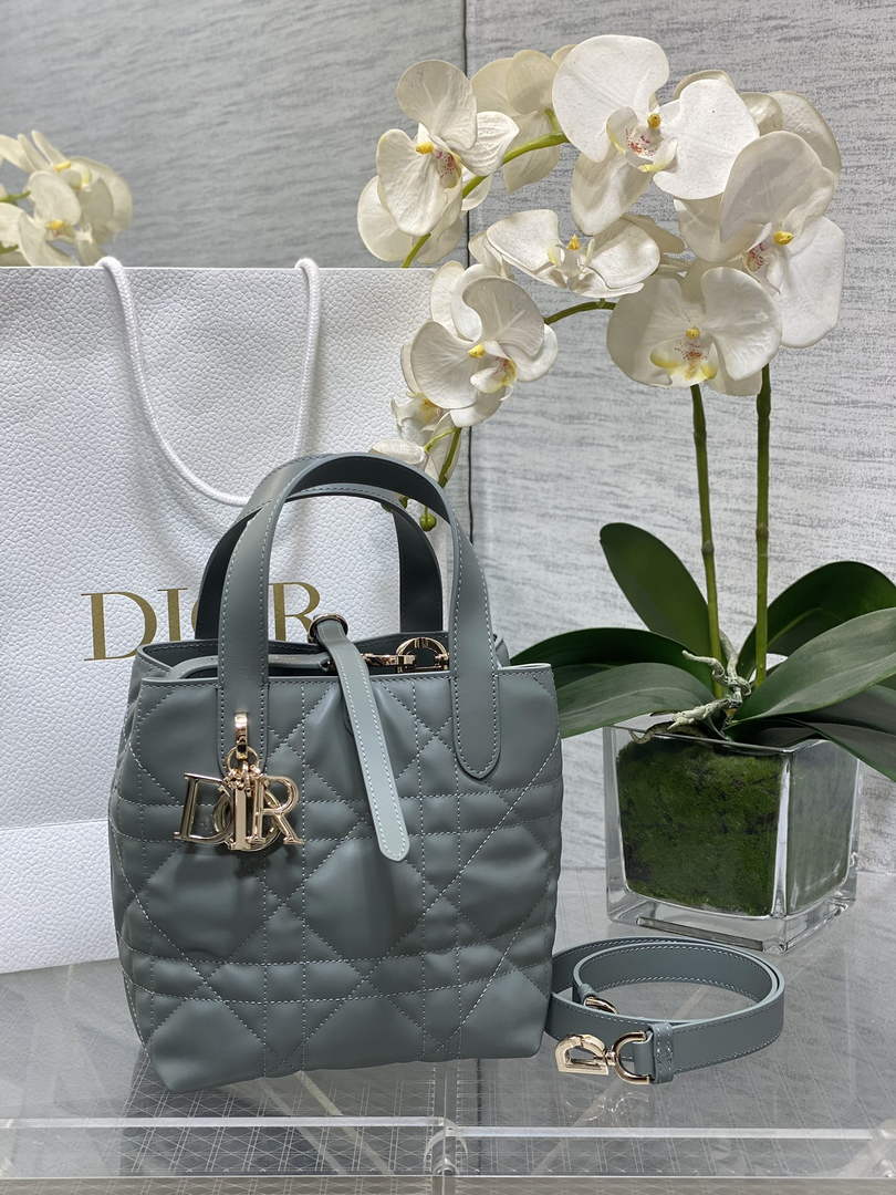 Small Dior Toujours Vertical Tote Bag – M2835 - Gray Macrocannage Calfskin - Default Title - View 1